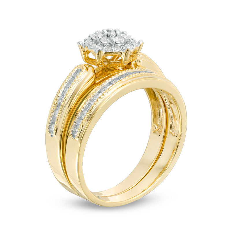 0.23 CT. T.W. Composite Diamond Hexagon Frame Vintage-Style Bridal Set in Sterling Silver with 14K Gold Plate|Peoples Jewellers