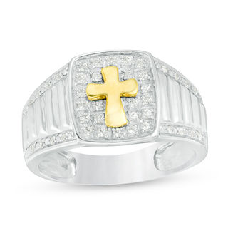 Men's 0.29 CT. T.W. Diamond Cross Signet Ring in 10K Two-Tone Gold