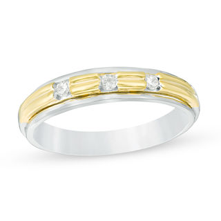 Men's 0.085 CT. T.W. Diamond Three Stone Wedding Band in 10K Two-Tone Gold