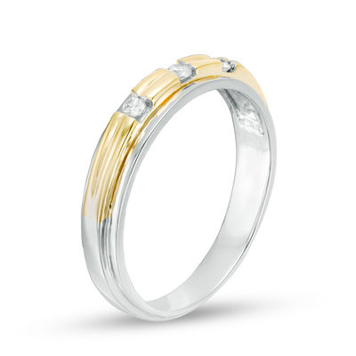 Men's 0.085 CT. T.W. Diamond Three Stone Wedding Band in 10K Two-Tone Gold