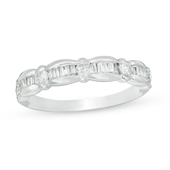 0.29 CT. T.W. Baguette and Round Diamond Scallop Wedding Band in 10K White Gold