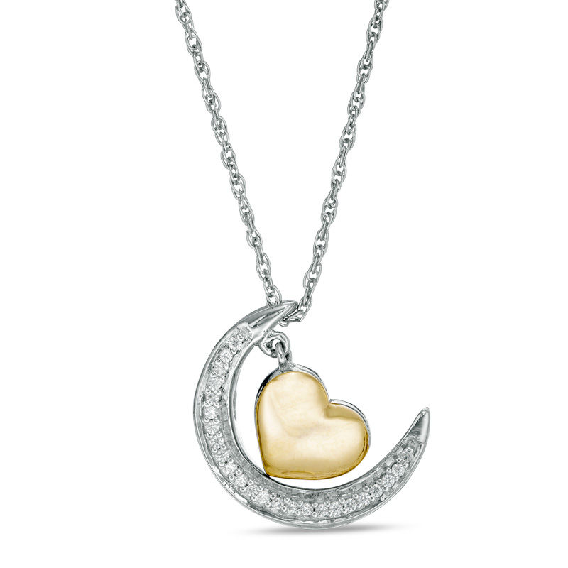 0.067 CT. T.W. Diamond Crescent Moon and Heart Dangle "Love" Message Pendant in Sterling Silver and 10K Gold|Peoples Jewellers