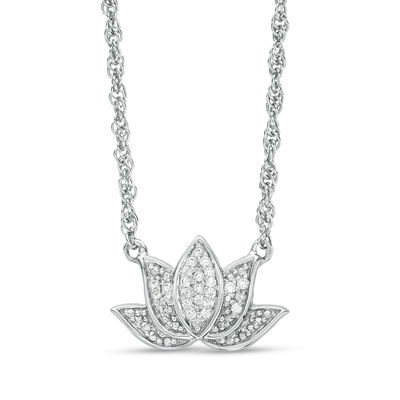 0.065 CT. T.W. Diamond Lotus Flower with "good karma" Message Necklace in Sterling Silver - 17.5"