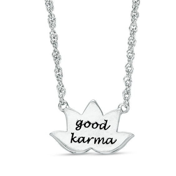 0.065 CT. T.W. Diamond Lotus Flower with "good karma" Message Necklace in Sterling Silver - 17.5"