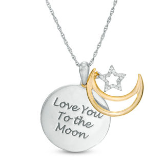 0.04 CT. T.W. Diamond Crescent Moon and Star "Love" Message Pendant in Sterling Silver and 10K Gold