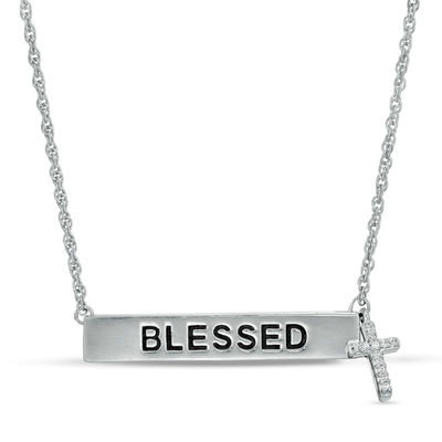 Diamond Accent "BLESSED" Bar and Cross Charm Necklace in Sterling Silver - 17"