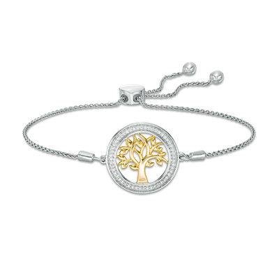 0.145 CT. T.W. Diamond Family Tree "Strength" Message Bolo Bracelet in Sterling Silver with 14K Gold Plate - 9.5"