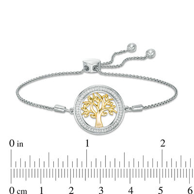 0.145 CT. T.W. Diamond Family Tree "Strength" Message Bolo Bracelet in Sterling Silver with 14K Gold Plate - 9.5"