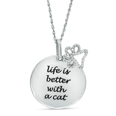 0.04 CT. T.W. Diamond Cat Paw Print "Life is Better" Message Pendant in Sterling Silver