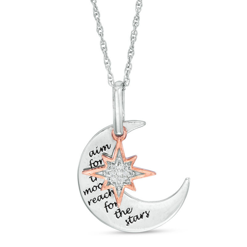 Diamond Accent Crescent Moon and Star Pendant in Sterling Silver and 10K Rose Gold|Peoples Jewellers