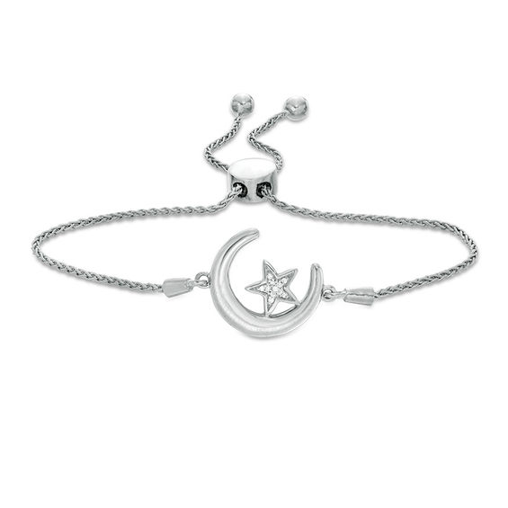 Diamond Accent Crescent Moon and Star Bolo Bracelet in Sterling Silver (1 Line) - 9.5"