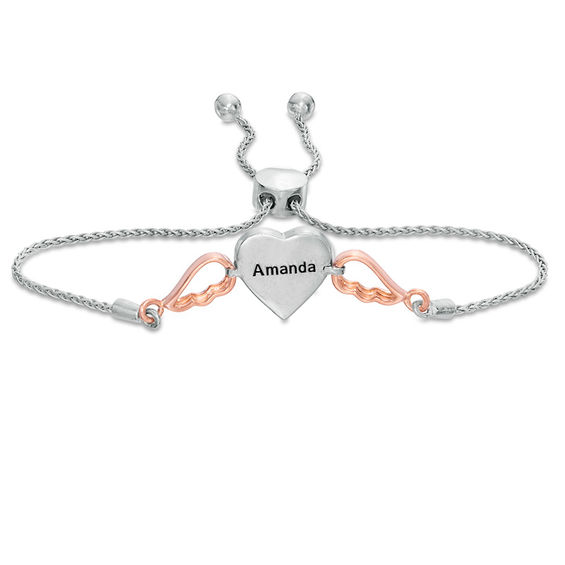 1/15 CT. T.W. Diamond Double Heart with Wings Bolo Bracelet in Sterling Silver and 10K Rose Gold (1 Line) - 9.5"