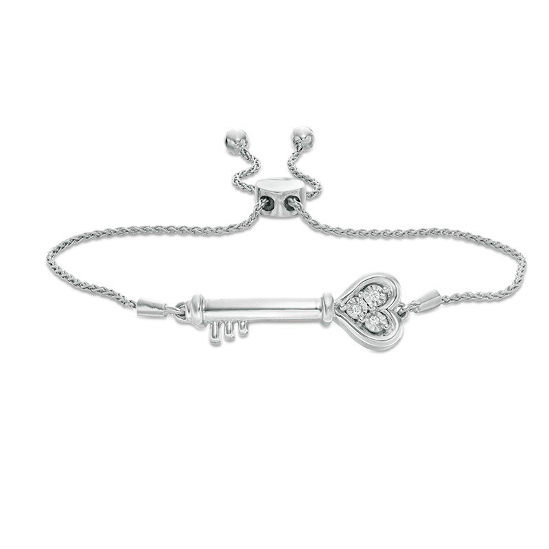 Diamond Accent Sideways Heart Key Bolo Bracelet in Sterling Silver (1 Line) - 9.5"|Peoples Jewellers
