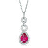 Pear-Shaped Lab-Created Ruby and 0.11 CT. T.W. Diamond Beaded Double Drop Pendant in Sterling Silver