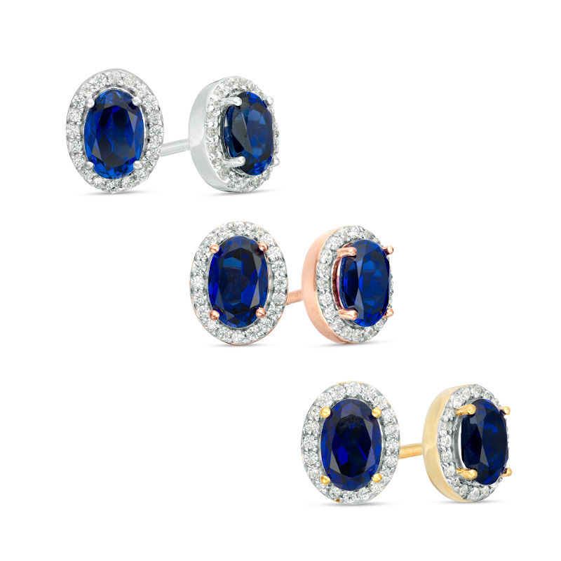 Oval Lab-Created Blue Sapphire and 0.14 CT. T.W. Diamond Frame Stud Earrings in 10K White, Yellow or Rose Gold|Peoples Jewellers