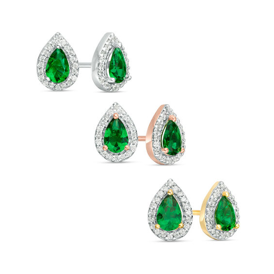 Pear-Shaped Lab-Created Emerald and 0.148 CT. T.W. Diamond Frame Stud Earrings in 10K White, Yellow or Rose Gold