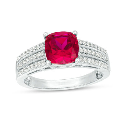 7.0mm Cushion-Cut Lab-Created Ruby and 0.23 CT. T.W. Diamond Triple Row Ring in 10K White Gold