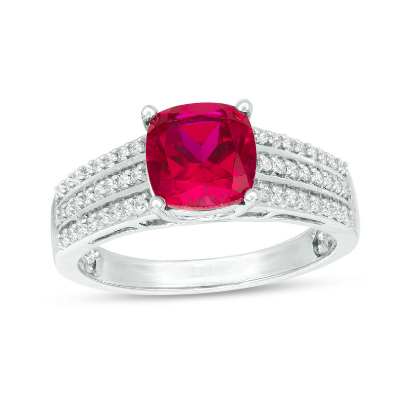 7.0mm Cushion-Cut Lab-Created Ruby and 0.23 CT. T.W. Diamond Triple Row Ring in 10K White Gold|Peoples Jewellers