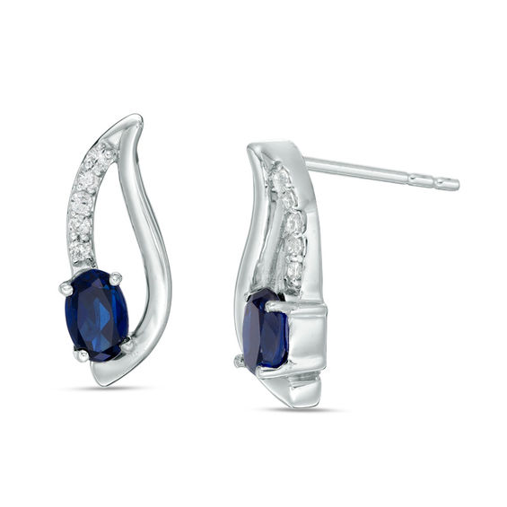 Oval Lab-Created Blue Sapphire and 0.085 CT. T.W. Diamond Split Swirl Drop Earrings in Sterling Silver