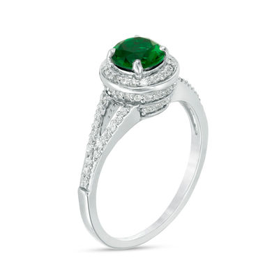 6.0mm Lab-Created Emerald and 0.29 CT. T.W. Diamond Frame Split Shank Ring in 10K White Gold