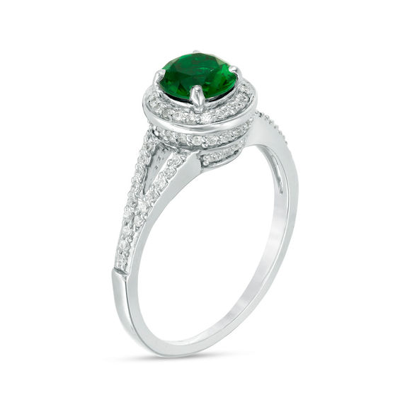 6.0mm Lab-Created Emerald and 0.29 CT. T.W. Diamond Frame Split Shank Ring in 10K White Gold