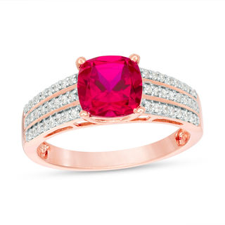 7.0mm Cushion-Cut Lab-Created Ruby and 0.23 CT. T.W. Diamond Triple Row Ring in 10K White, Yellow or Rose Gold