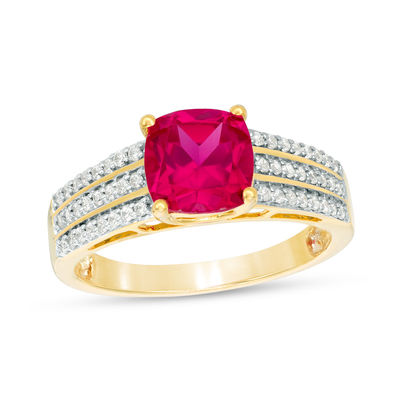 7.0mm Cushion-Cut Lab-Created Ruby and 0.23 CT. T.W. Diamond Triple Row Ring in 10K White, Yellow or Rose Gold