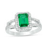 Thumbnail Image 0 of Emerald-Cut Lab-Created Emerald and 0.23 CT. T.W. Diamond Frame Open Shank Ring in 10K White Gold