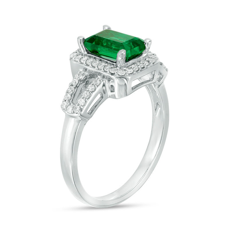 Emerald-Cut Lab-Created Emerald and 0.23 CT. T.W. Diamond Frame Open Shank Ring in 10K White Gold|Peoples Jewellers