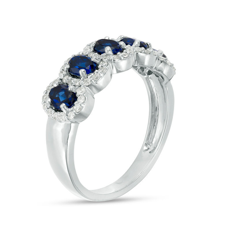 Oval Lab-Created Blue Sapphire and 0.29 CT. T.W. Diamond Frame Five Stone Ring in 10K White Gold|Peoples Jewellers