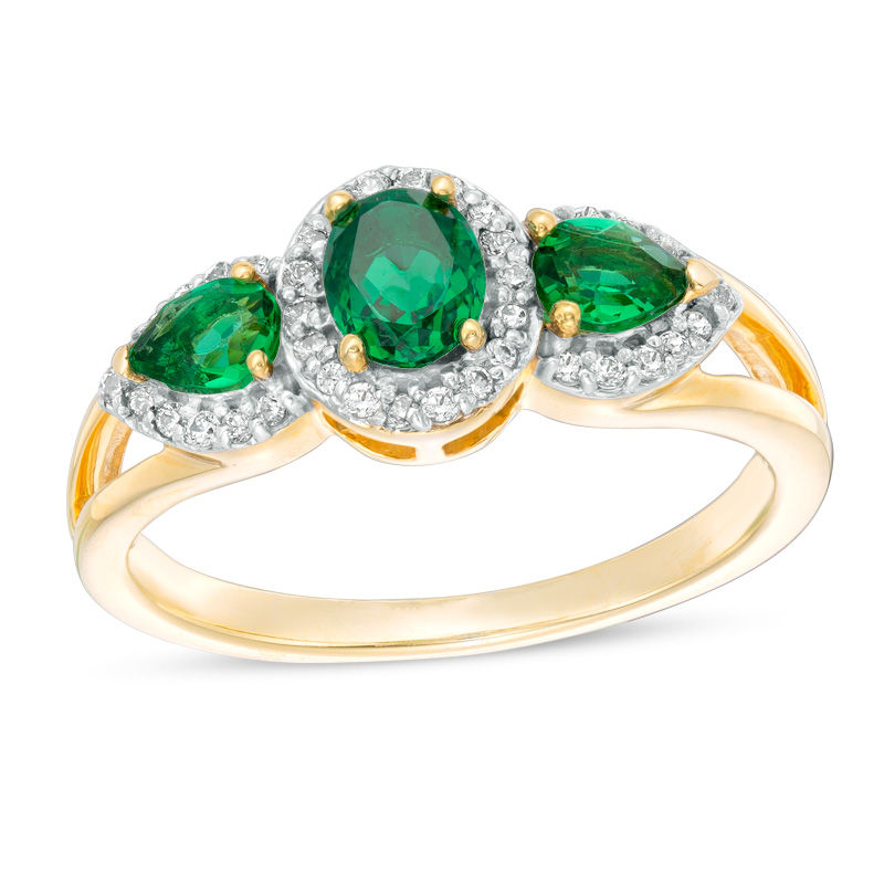 Oval and Pear-Shaped Lab-Created Emerald and 0.14 CT. T.W. Diamond Frame Three Stone Ring in 10K Gold|Peoples Jewellers