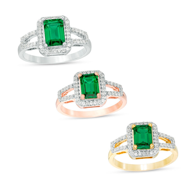 Emerald-Cut Lab-Created Emerald and 0.23 CT. T.W. Diamond Frame Open Shank Ring in 10K White, Yellow or Rose Gold|Peoples Jewellers