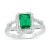 Emerald-Cut Lab-Created Emerald and 0.23 CT. T.W. Diamond Frame Open Shank Ring in 10K White, Yellow or Rose Gold