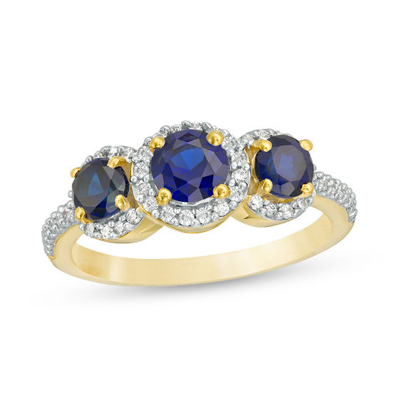 Lab-Created Blue Sapphire and 0.23 CT. T.W. Diamond Frame Three Stone Ring in 10K White, Yellow or Rose Gold