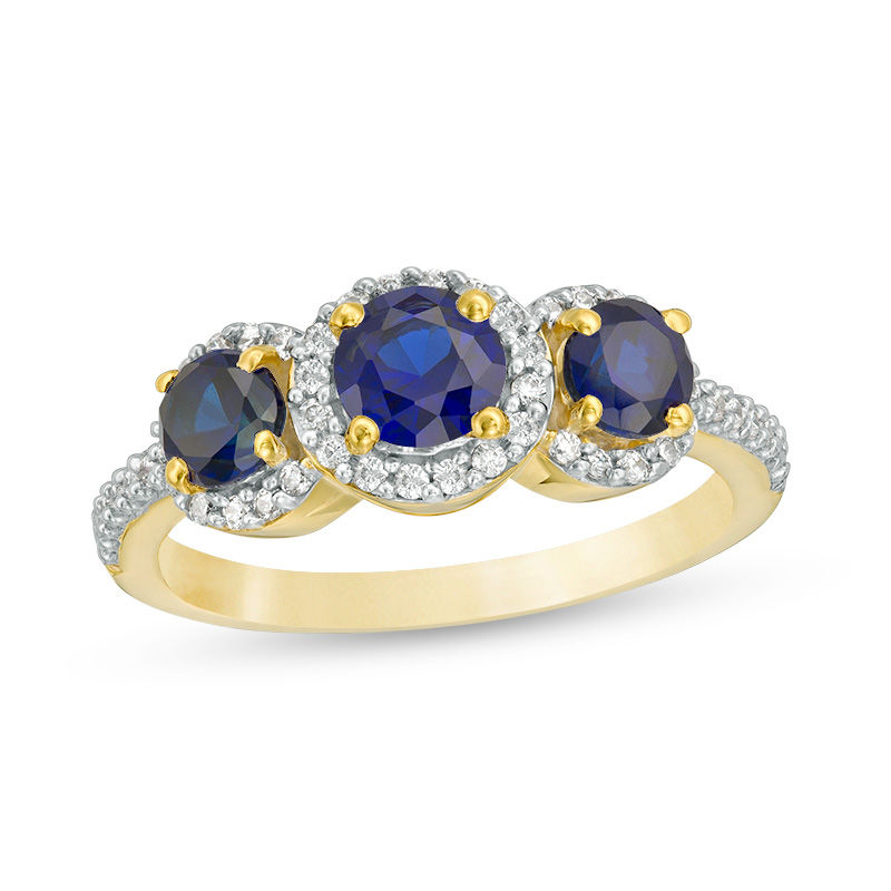 Lab-Created Blue Sapphire and 0.23 CT. T.W. Diamond Frame Three Stone Ring in 10K White, Yellow or Rose Gold|Peoples Jewellers