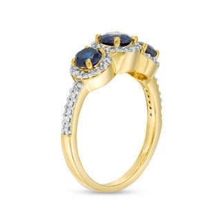 Lab-Created Blue Sapphire and 0.23 CT. T.W. Diamond Frame Three Stone Ring in 10K White, Yellow or Rose Gold