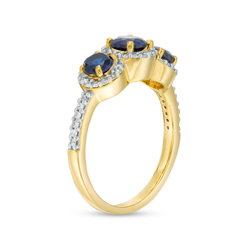 Lab-Created Blue Sapphire and 0.23 CT. T.W. Diamond Frame Three Stone Ring in 10K White, Yellow or Rose Gold|Peoples Jewellers