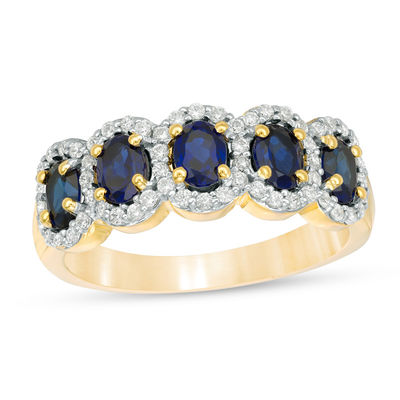 Oval Lab-Created Blue Sapphire and 0.29 CT. T.W. Diamond Frame Five Stone Ring in 10K White, Yellow or Rose Gold