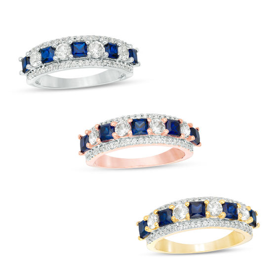 Princess-Cut Lab-Created Blue and White Sapphire with 0.23 CT. T.W. Diamond Ring in 10K White, Yellow or Rose Gold