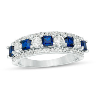 Princess-Cut Lab-Created Blue and White Sapphire with 0.23 CT. T.W. Diamond Ring in 10K White, Yellow or Rose Gold