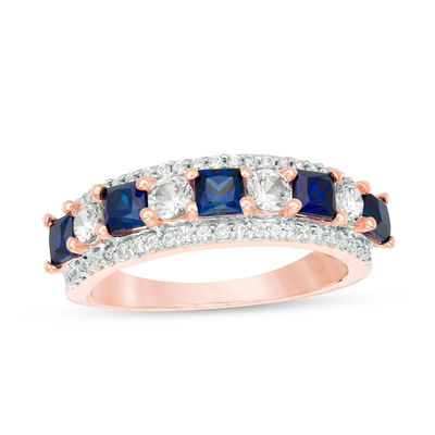 Princess-Cut Lab-Created Blue and White Sapphire with 0.23 CT. T.W. Diamond Ring in 10K White, Yellow or Rose Gold