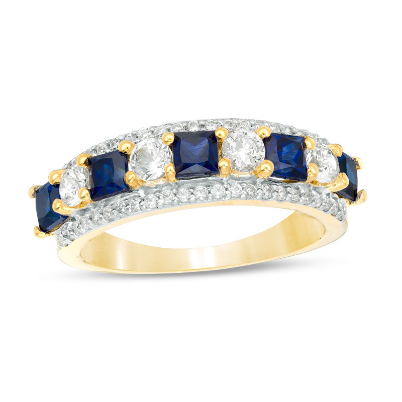 Princess-Cut Lab-Created Blue and White Sapphire with 0.23 CT. T.W. Diamond Ring in 10K White, Yellow or Rose Gold