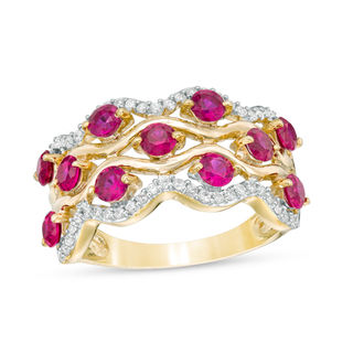 3.0mm Lab-Created Ruby and 0.23 CT. T.W. Diamond Multi-Row Wave Ring in 10K Gold