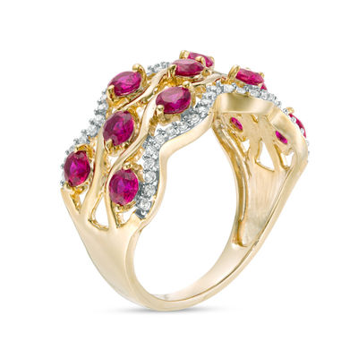 3.0mm Lab-Created Ruby and 0.23 CT. T.W. Diamond Multi-Row Wave Ring in 10K Gold