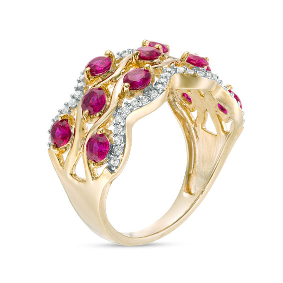 3.0mm Lab-Created Ruby and 0.23 CT. T.W. Diamond Multi-Row Wave Ring in 10K Gold