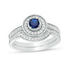 Thumbnail Image 0 of 4.0mm Lab-Created Blue Sapphire and 0.23 CT. T.W. Diamond Frame Bridal Set in 10K White Gold