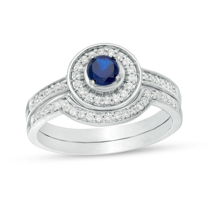 4.0mm Lab-Created Blue Sapphire and 0.23 CT. T.W. Diamond Frame Bridal Set in 10K White Gold|Peoples Jewellers