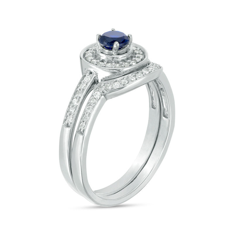4.0mm Lab-Created Blue Sapphire and 0.23 CT. T.W. Diamond Frame Bridal Set in 10K White Gold