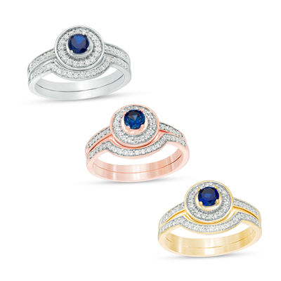 4.0mm Lab-Created Blue Sapphire and 0.23 CT. T.W. Diamond Frame Bridal Set in 10K White, Yellow or Rose Gold