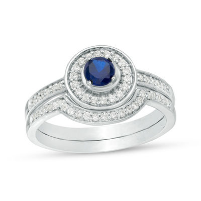 4.0mm Lab-Created Blue Sapphire and 0.23 CT. T.W. Diamond Frame Bridal Set in 10K White, Yellow or Rose Gold